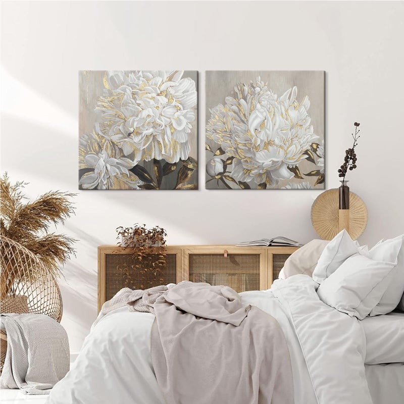 Goldfoilart Flower Wall Art Floral Decor Modern White Blooming Pictures with Gold Foil Paintings Framed Artwork for Living Room Bedroom Kitchen Decorations 24" x 24" x 2 Pcs - Image 2